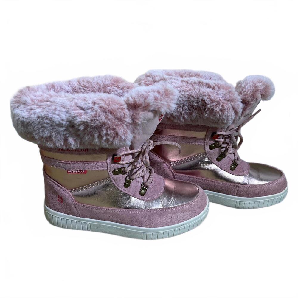 Swiss Tech Metallic Pink Winter Boots Faux Fur Womens Size 3 EU 35